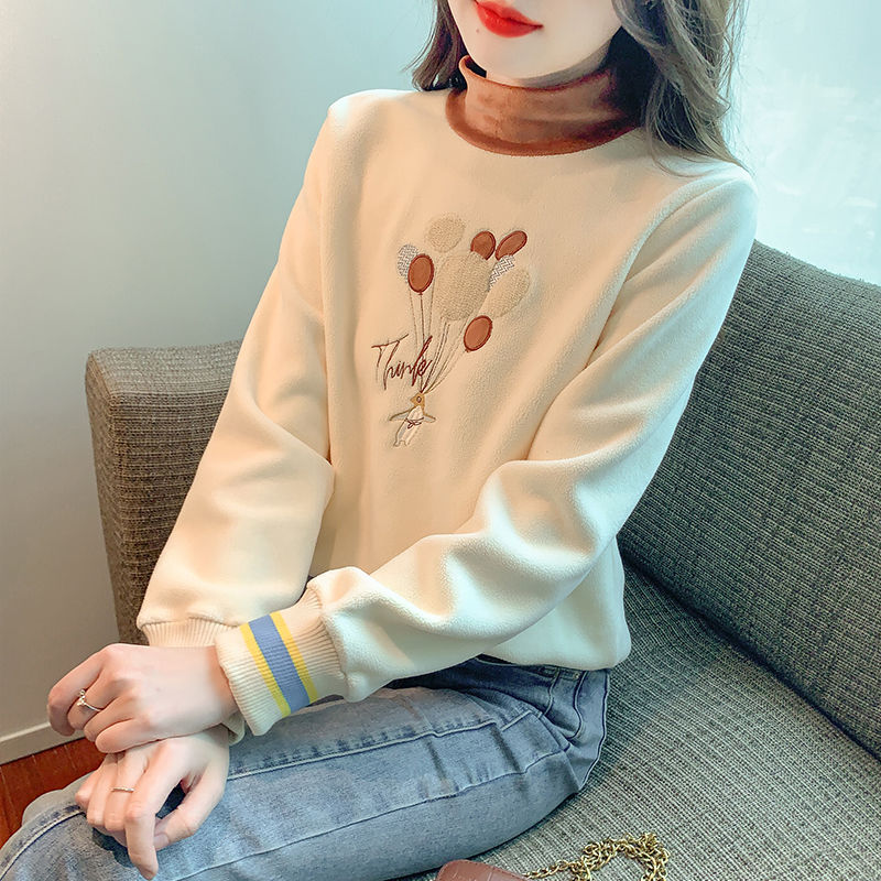 刺繡加絨衛衣女裝2023秋冬裝新款半高領簡約風加厚打底衫寬鬆上衣