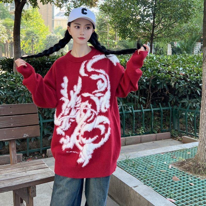 秋冬新款軟糯慵懶風寬鬆新年紅氣質情侶裝套頭針織衫個性上衣女裝