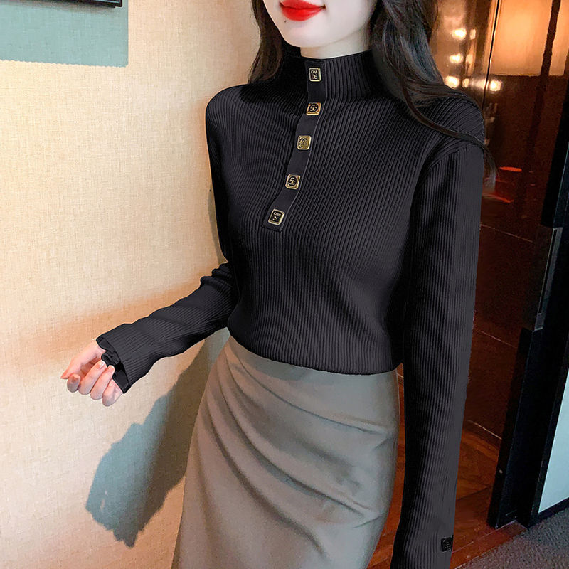 2023秋冬新款修身百搭半高領打底針織衫女洋氣設計感純色長袖上衣