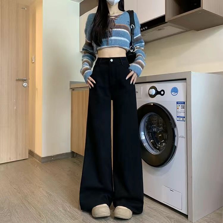 美式復古加長版黑色闊腿牛仔褲女秋冬新款寬鬆拖地顯瘦直筒褲子潮
