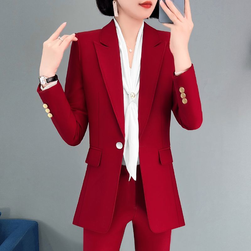 红色西装外套女秋冬新款高级感主持人正装气质西服喇叭裤职业套装