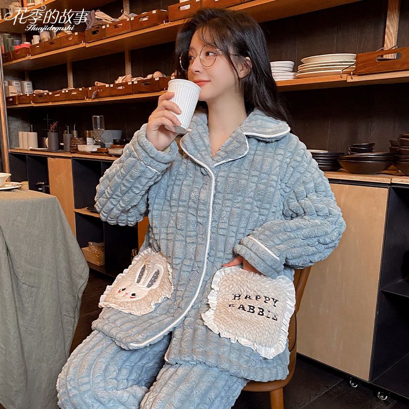 花季的故事新款三層夾棉睡衣女冬季超厚棉襖套裝ins小清新家居服