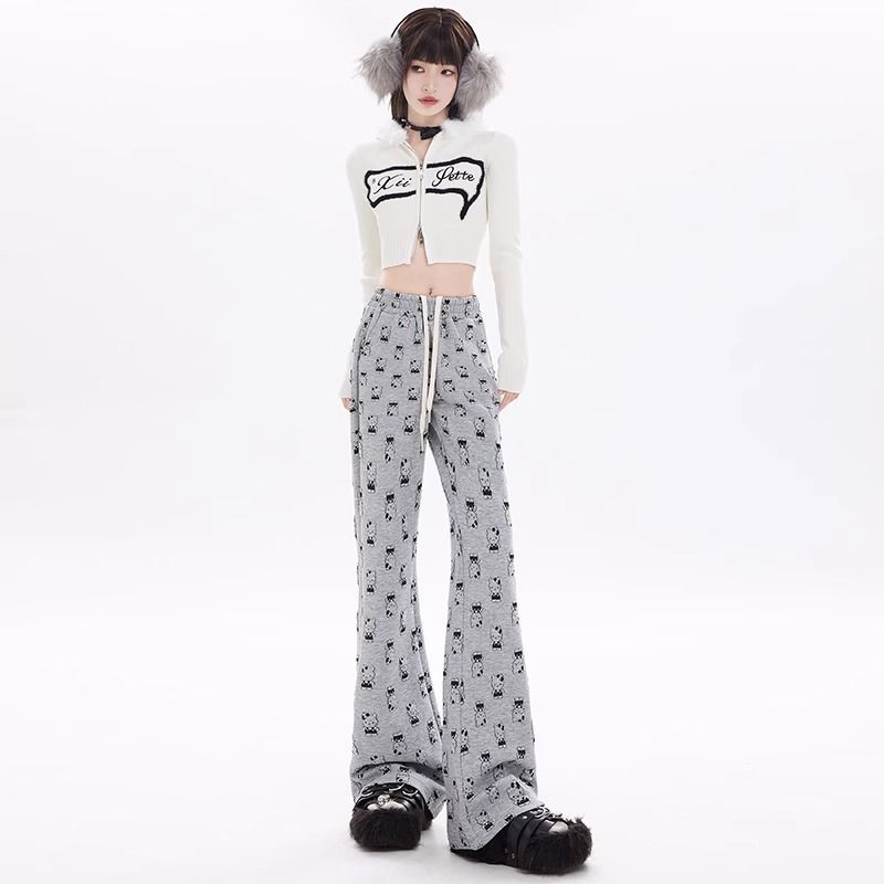 弄格少女感立體感卡通印花貓咪微喇褲女2023新款高腰顯瘦休閒褲子