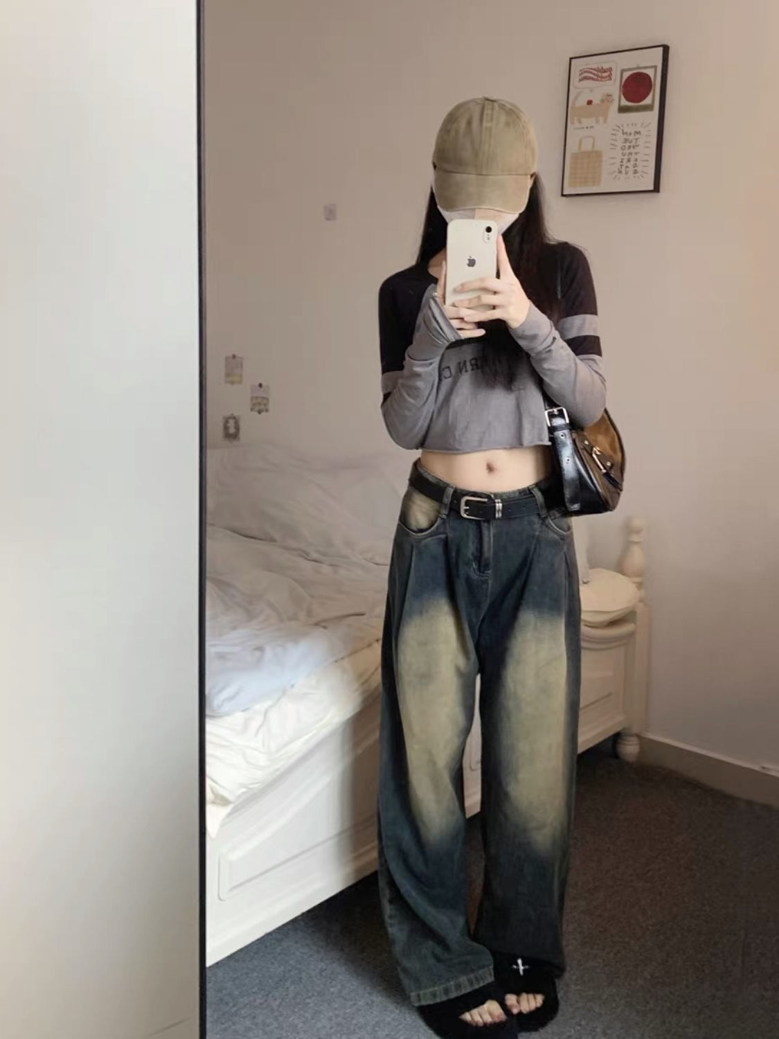 美式高街水洗碳灰高腰闊腿牛仔褲女秋冬小眾寬鬆百搭顯瘦垂感長褲