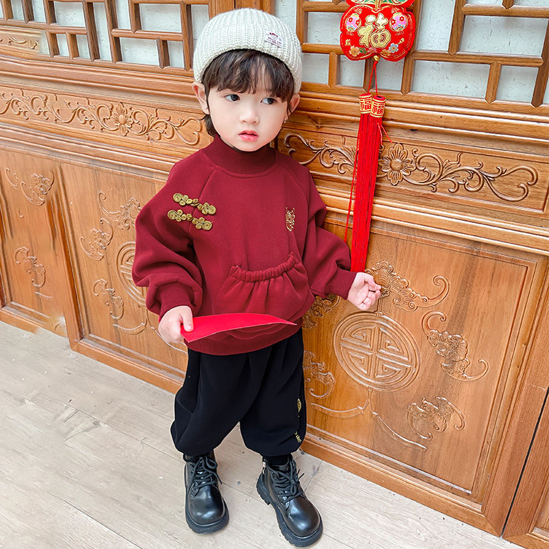 男童唐装新年套装红色儿童卫衣拜年宝宝新款中国加厚女童加绒喜庆