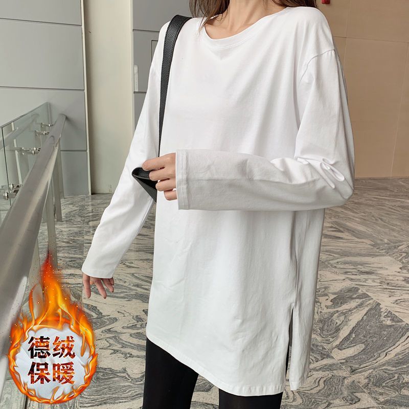 German velvet slit T-shirt for women, velvet autumn and winter inner wear, Korean style loose outer bottoming shirt, solid color long-sleeved thickened top