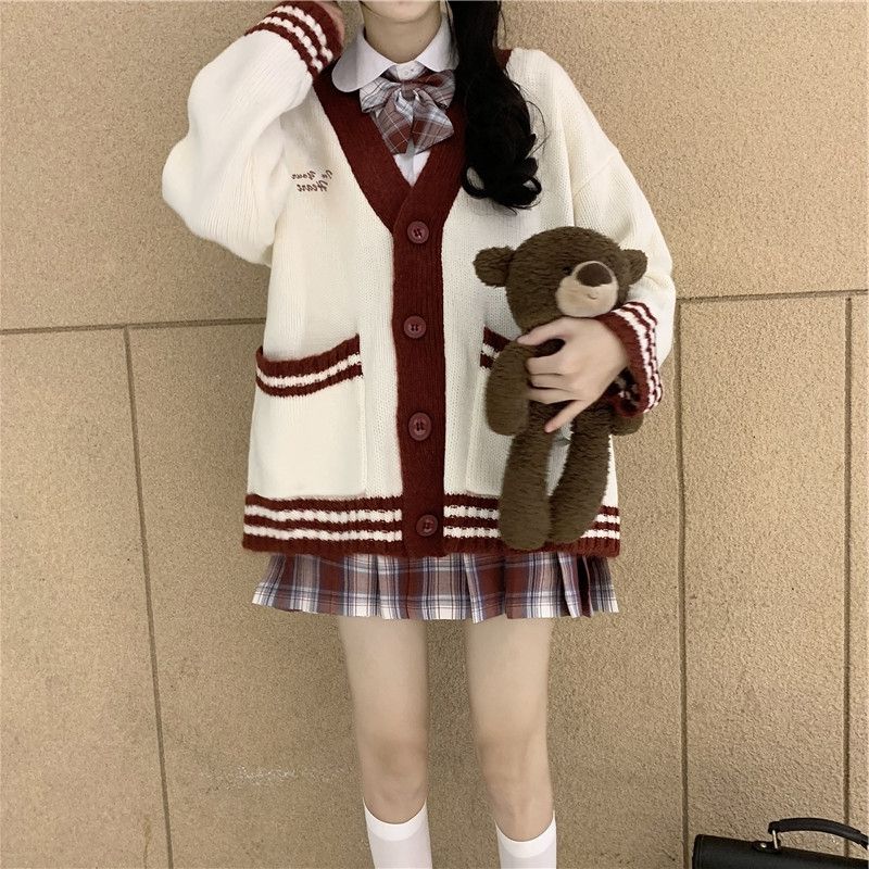 秋冬新款韓版寬鬆針織學院撞色針織衫開衫毛衣女學生慵懶外穿外套