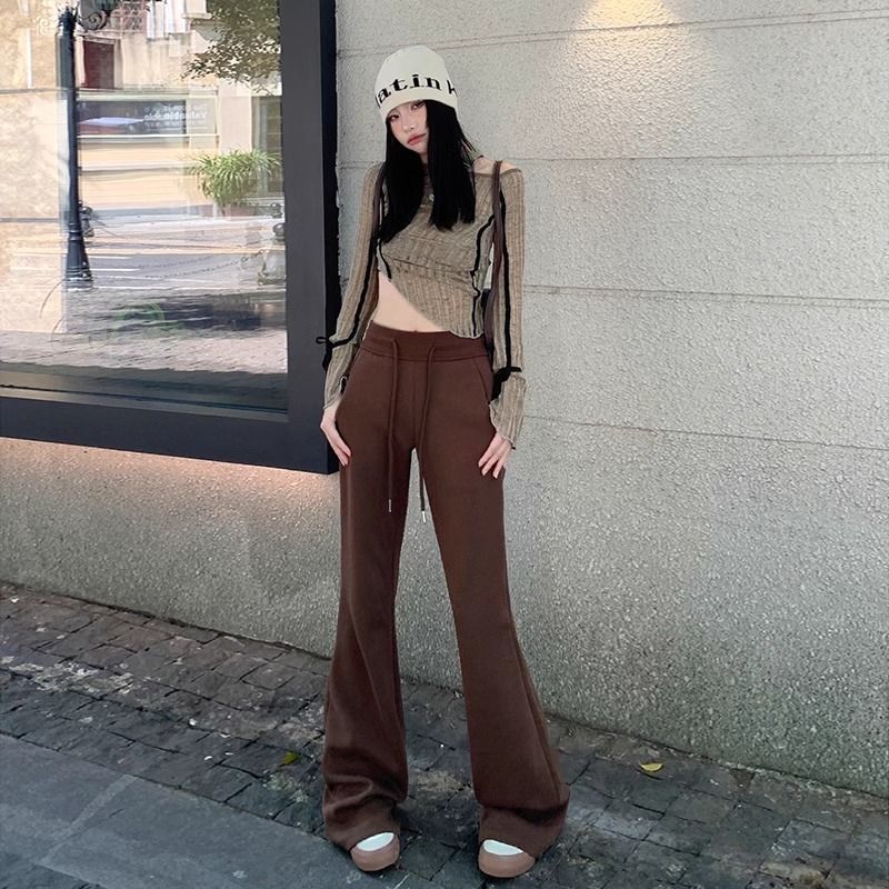 弄格美拉德棕色高腰微喇褲女辣妹修身顯瘦運動衛褲百搭休閒拖地褲