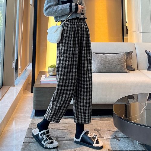 Velvet and thickened plaid harem pants for women, autumn and winter woolen leg-tie dad trousers, small casual woolen carrot pants