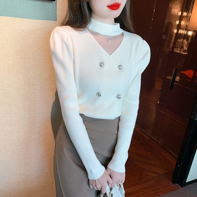 2023秋冬新款小心機雙排扣掛脖泡泡袖修身針織打底衫毛衣上衣女裝
