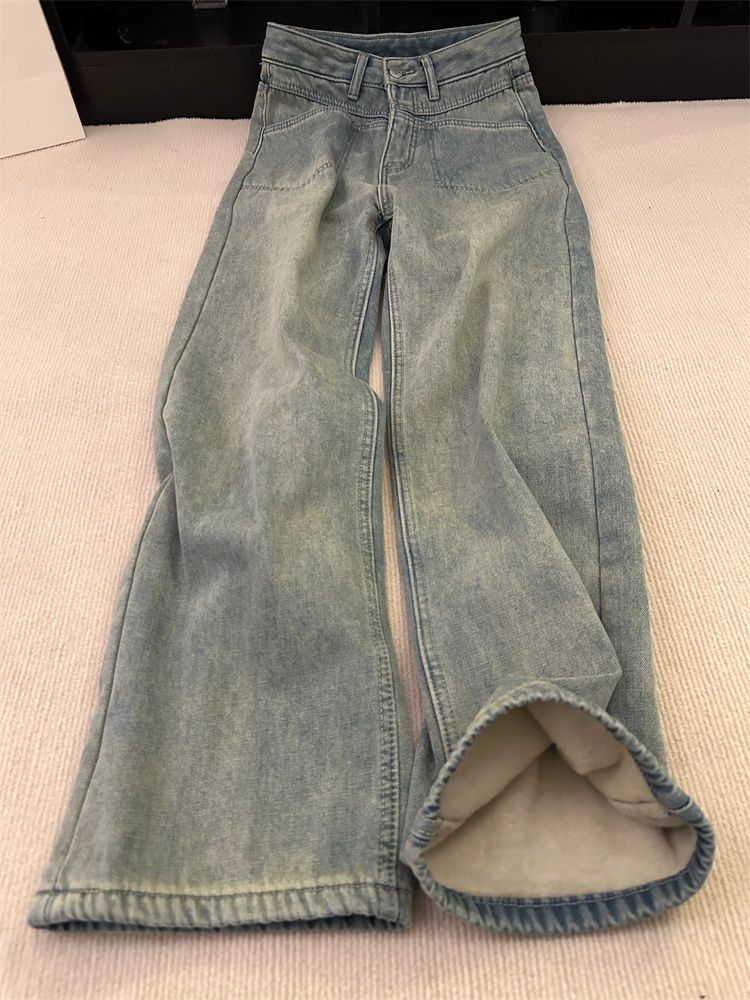 秋冬新款復古做舊加絨闊腿牛仔褲女小個子直筒顯瘦寬鬆拖地長褲潮