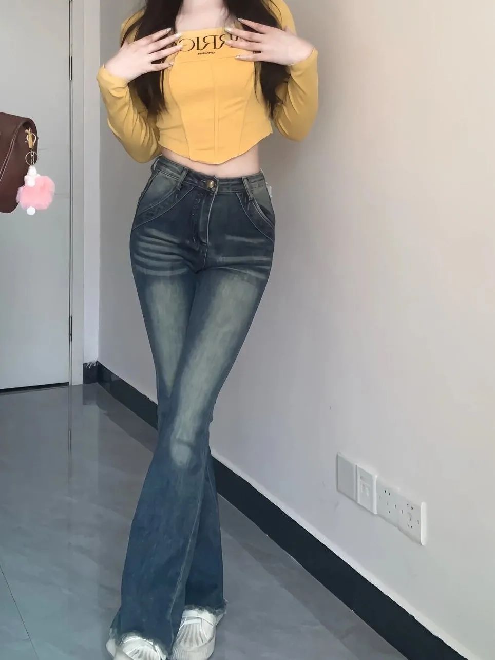 美式復古喇叭牛仔褲女新款高腰彈力修身顯瘦設計感拖地毛邊馬蹄褲