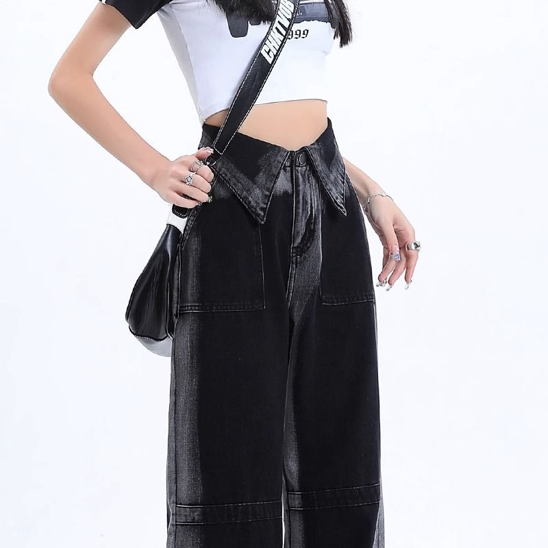 秋冬y2k千禧風高腰牛仔褲女大碼胖mm顯瘦美式高街灰色寬鬆闊腿褲