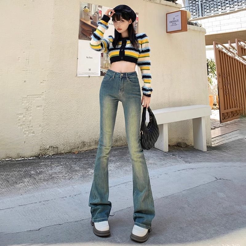 弄格復古懷舊微喇牛仔褲女2023新款修身彈力高腰顯瘦百搭喇叭褲子