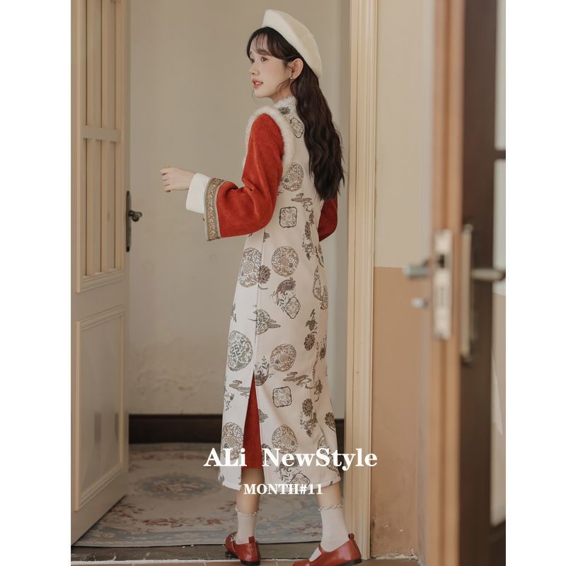 新款秋冬絕美氣質紅色旗袍長裙+馬甲兩件套女新中式國風漢服套裝