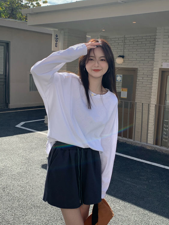 Pure cotton white t-shirt women's long-sleeved new Korean style loose round neck student versatile white long-sleeved bottoming shirt solid color