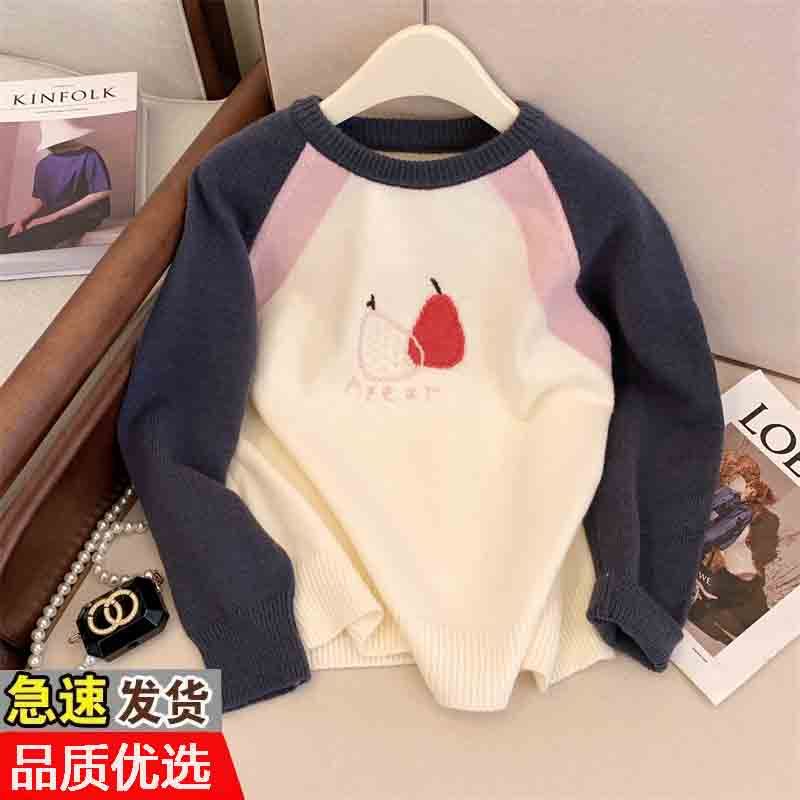 2023秋冬新款撞色水果刺繡插肩袖套頭毛衣設計感減齡軟糯針織衫女