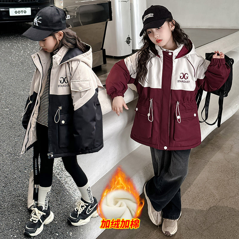 衝鋒衣女童2023年秋冬新款上衣加絨加厚韓版洋氣中長款派克服外套