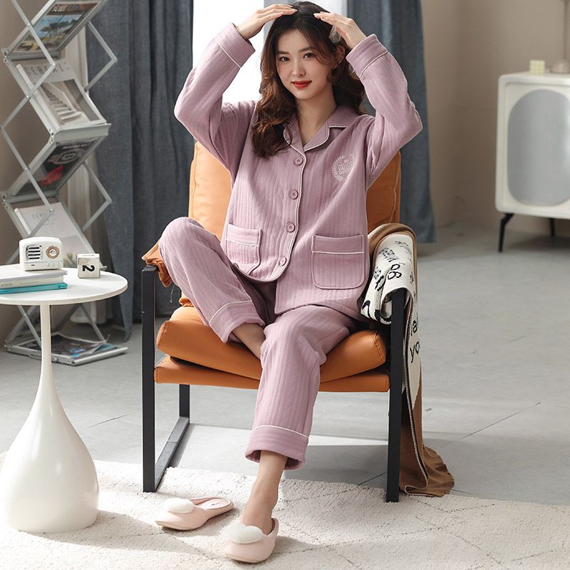 南極人睡衣女秋冬季純棉夾層甜美大碼奢華氣質保暖開衫家居服套裝