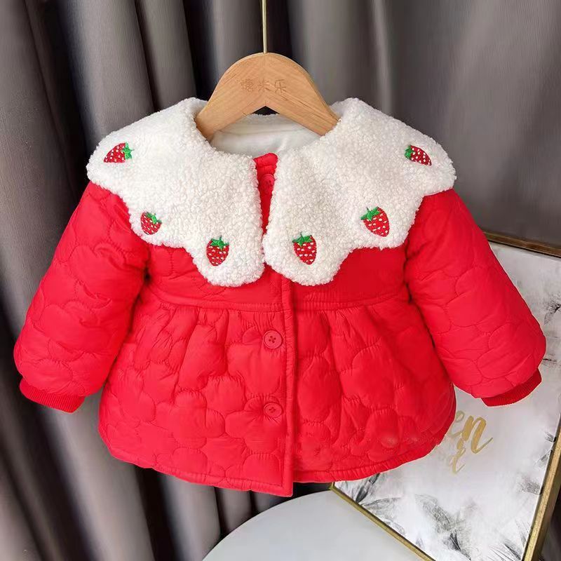 Baby girl's cotton-padded coat winter new style girl's red cotton-padded jacket children's cotton coat children's style plus velvet 1-4 years old 2