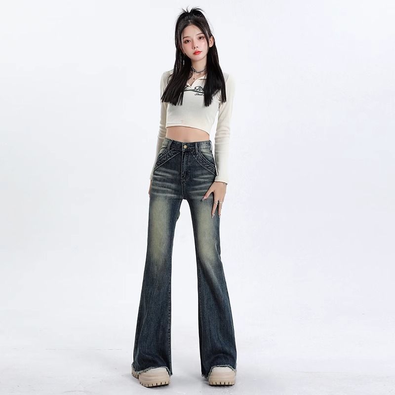 弄格復古設計感微喇叭牛仔褲女2023早秋新品高腰顯瘦毛邊馬蹄褲子