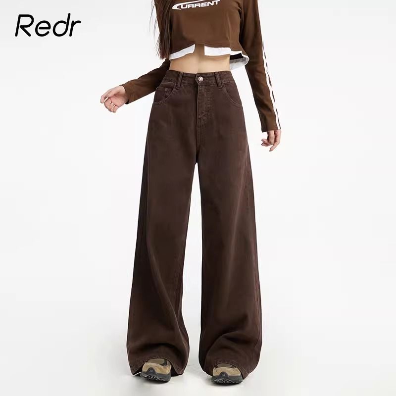 REDR美式深咖色牛仔褲女秋冬2023高腰美拉德寬鬆闊腿直筒加絨褲子