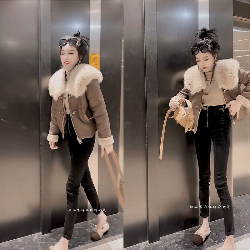 歐貨高級感時尚皮毛一體拼接外套女冬季新款仿皮草大毛領拉鏈上衣