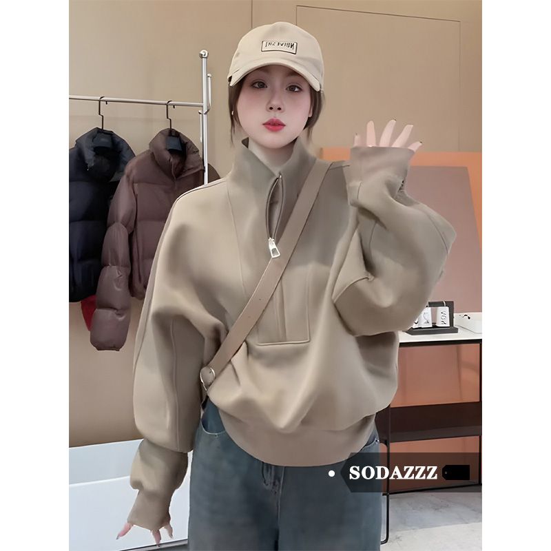 SODAZZZ美式立領拉鏈衛衣女秋冬銀狐絨加厚寬鬆休閒長袖百搭上衣