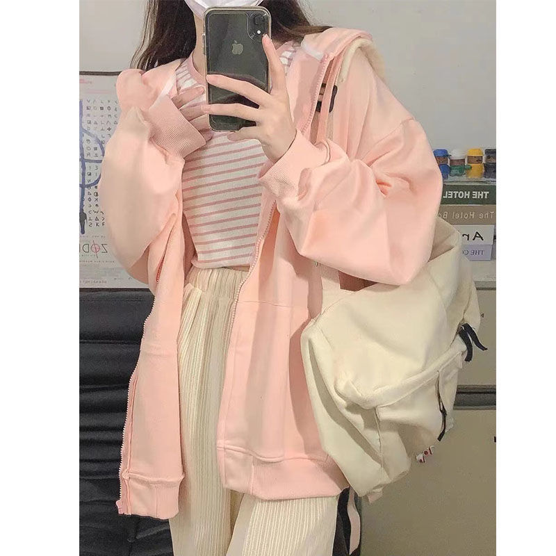 連帽開衫衛衣女奶fufu春秋薄款oversize外套粉色加絨加厚冬季上衣