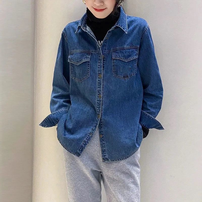 不捲邊牛仔襯衫女春秋設計感復古寬鬆顯瘦百搭疊穿長袖襯衣外套潮