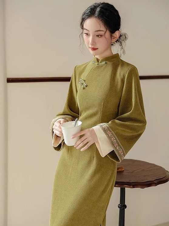 秋冬季新中式国风套装加绒加厚旗袍马甲女装绝美气质连衣裙两件套