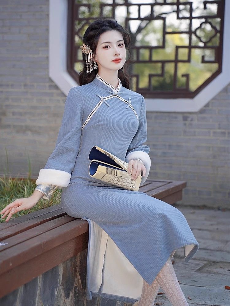 秋冬季新款加絨加厚改良旗袍裙少女年輕款復古民國風長袖連衣裙女