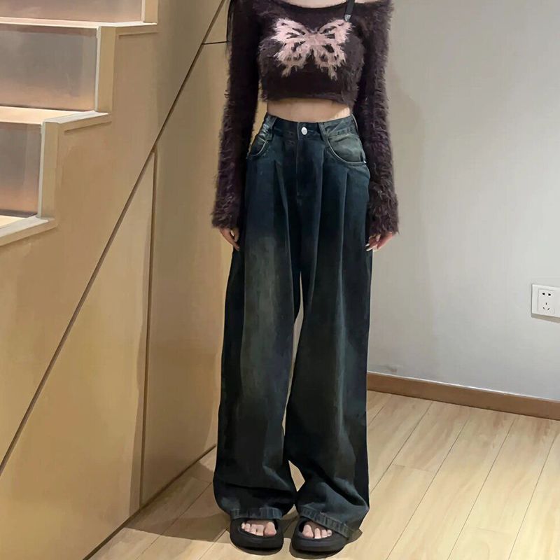 復古褶皺直筒牛仔褲女小個子高腰顯瘦垂感褲子寬鬆闊腿拖地長褲潮