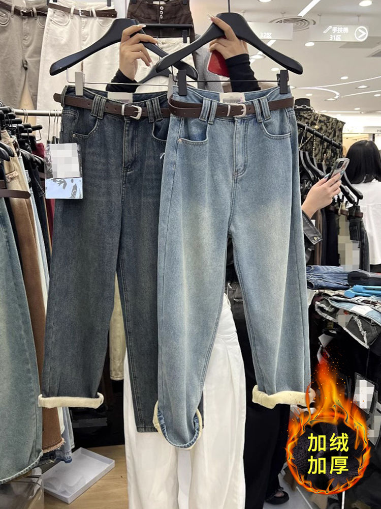 大碼胖mm新款高腰窄版直筒加絨加厚牛仔長褲2023秋冬女港風休閒褲