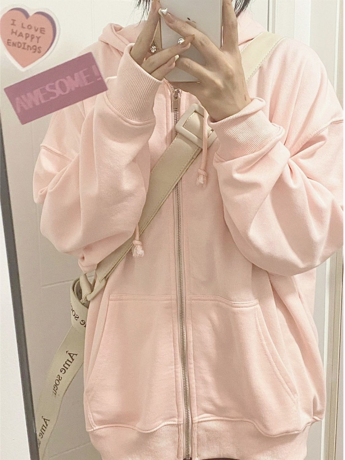淺粉色衛衣女秋冬日系軟妹開衫上衣加絨加厚韓版寬鬆bf慵懶風外套