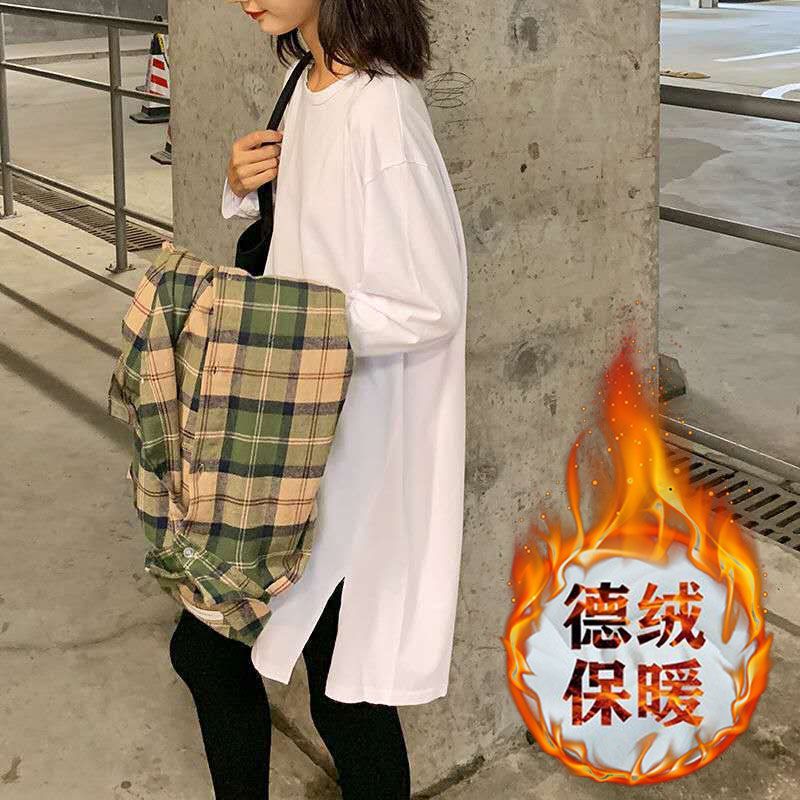 German velvet slit T-shirt for women, velvet autumn and winter inner wear, Korean style loose outer bottoming shirt, solid color long-sleeved thickened top