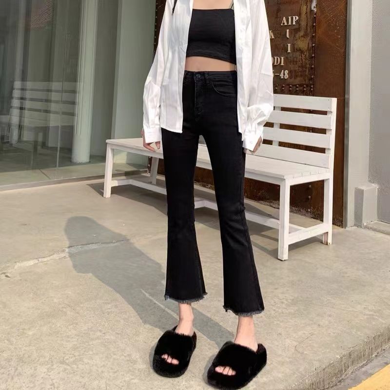 Women's ultra-high-waisted jeans, slightly spicy bell-bottoms, new spring and autumn versatile season, high street fashion, ins raw edges, casual