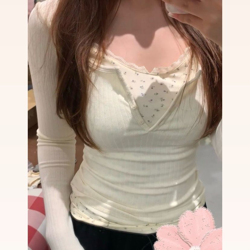 bm Korean Maillard floral fake two-piece top with floral splicing niche retro autumn and winter for inner wear and outer wear