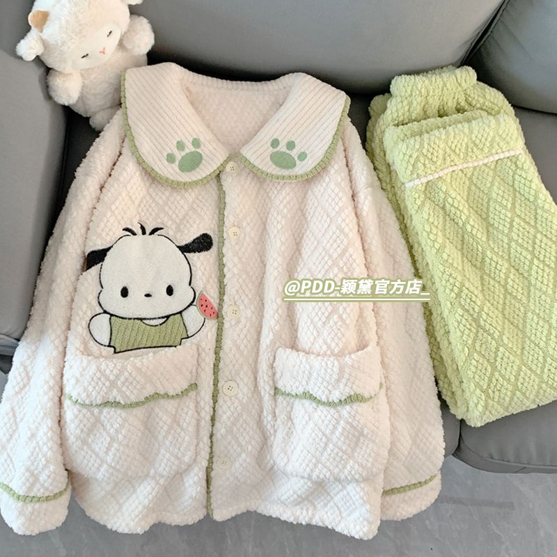 法蘭絨睡衣女秋冬季加絨加厚毛絨套裝韓版卡通帕恰狗珊瑚絨家居服