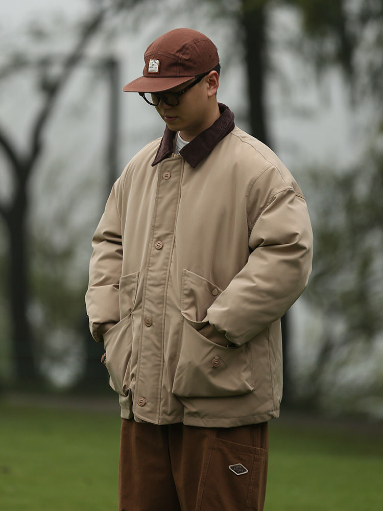 Korean trendy winter color-blocked lapel cotton coat for men, thickened and warm, multi-pocket workwear, loose coat, couple's cotton coat