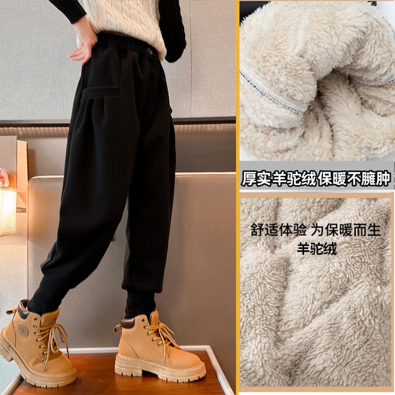 女童冬款加絨衛褲中大童4-14保暖洋氣運動褲加厚羊駝絨寬鬆束腳褲