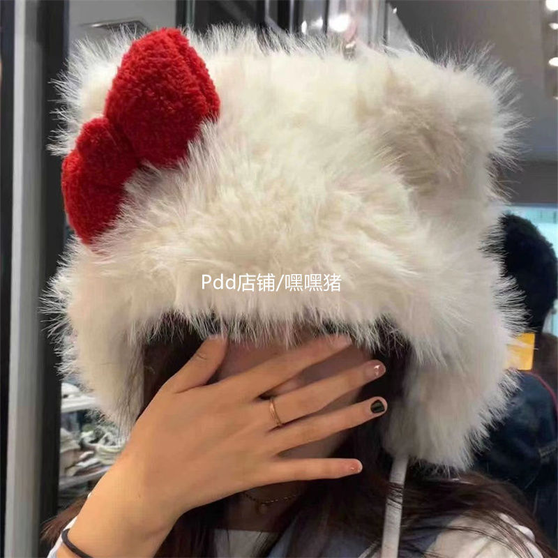 嘿嘿豬/韓系可愛蝴蝶結KT毛絨帽子冬護耳雷鋒帽加絨保暖防寒防風
