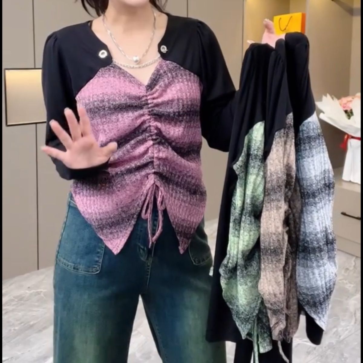 大碼甜酷辣妹假兩件鏈條長袖t恤女2023秋抽褶不規則純欲短款上衣