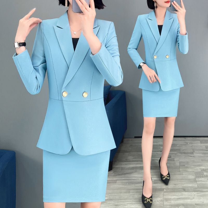高端藍色西裝外套女時尚名媛氣質職業裝套裝裙美容院主持人工作服