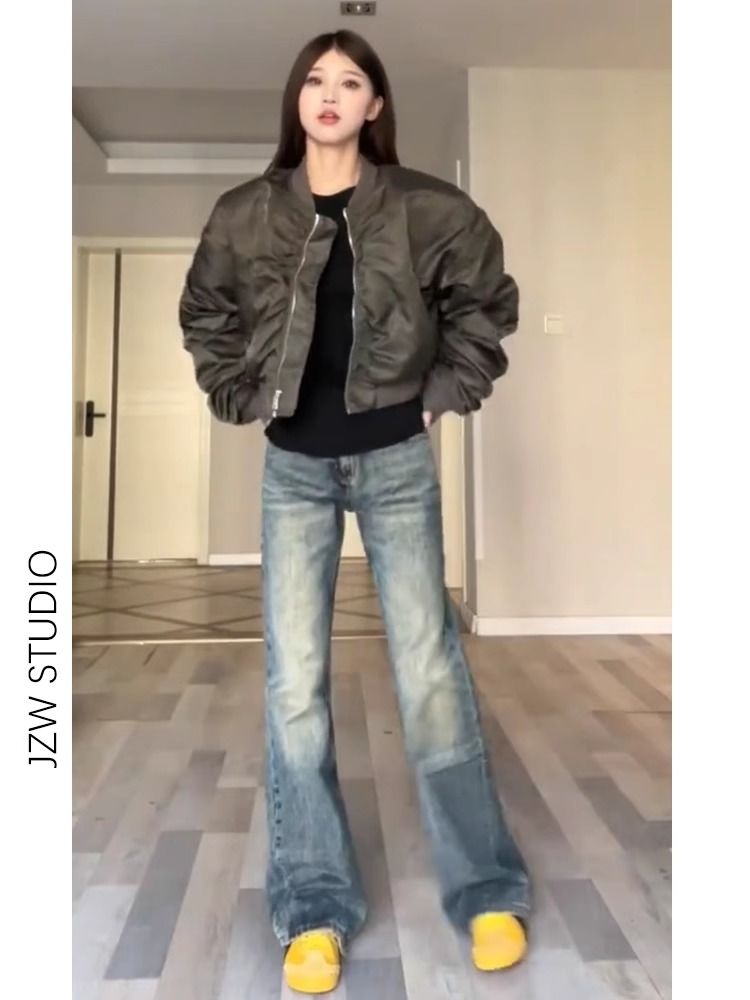 美式微喇牛仔褲女秋季新款復古高腰直筒顯瘦拖地高街辣妹拖地褲子