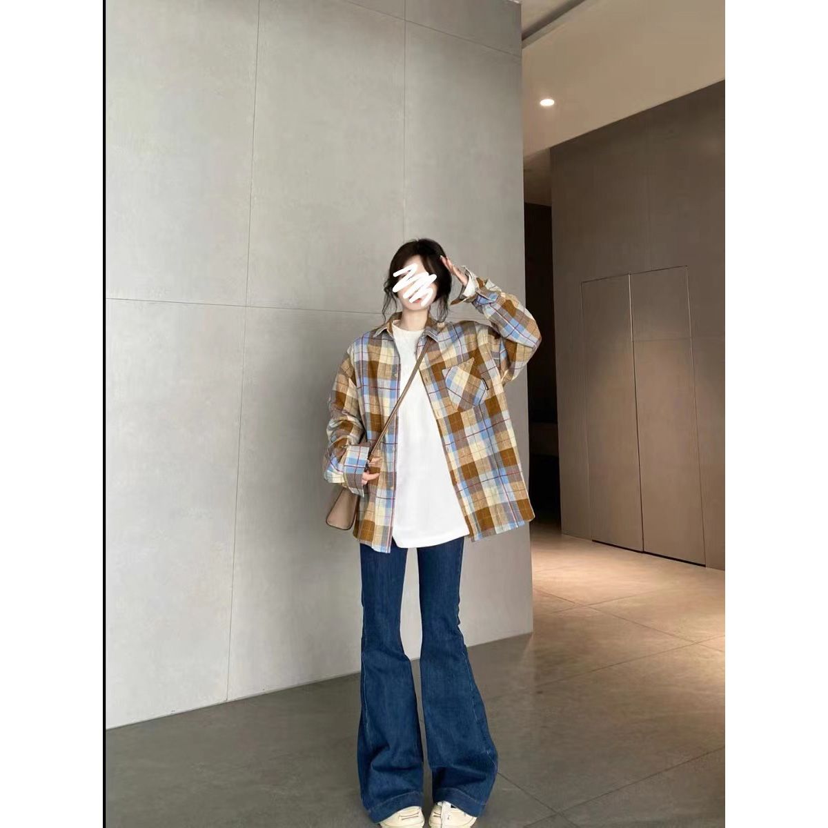 韓版復古格紋長袖寬鬆襯衫女秋季百搭Polo領休閒顯瘦情侶襯衣外套