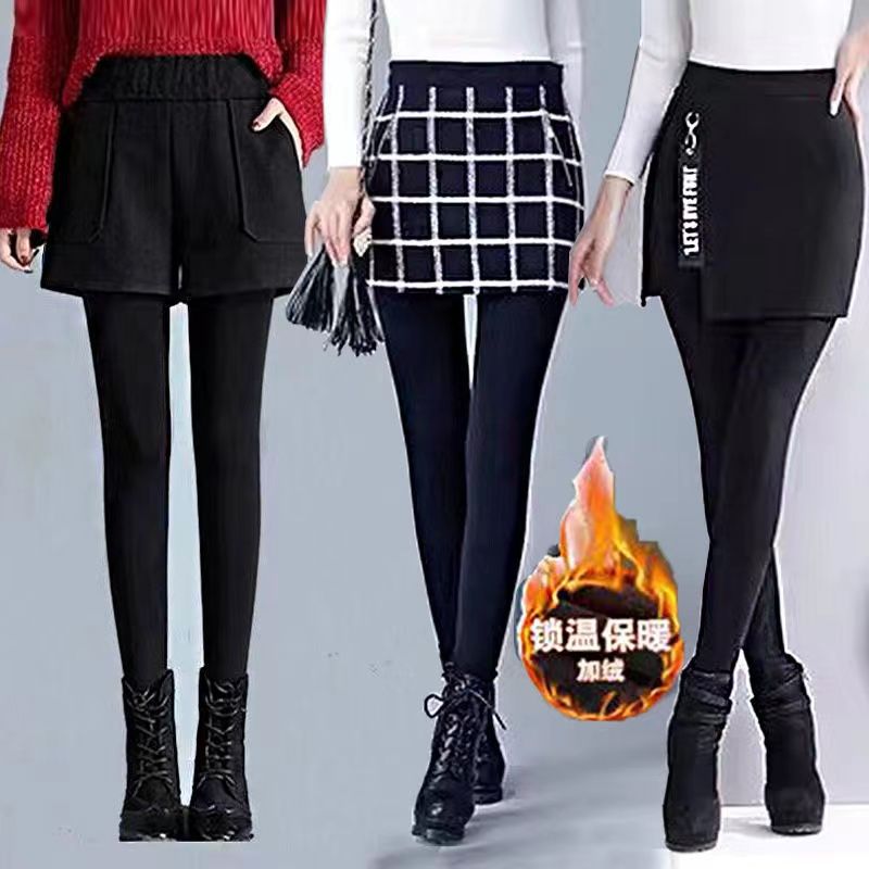 秋冬季假兩件打底褲女外穿帶裙子加絨加厚裙褲一體踩腳襪褲包臀褲