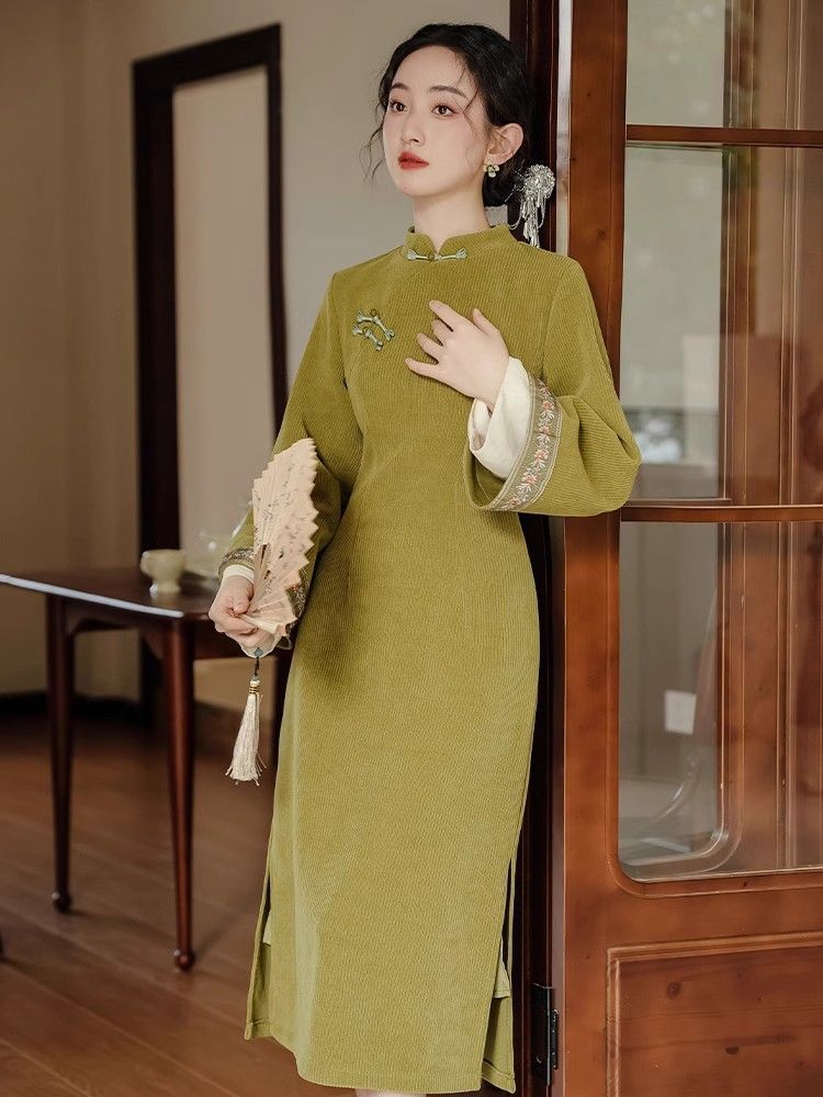 秋冬季新中式国风套装加绒加厚旗袍马甲女装绝美气质连衣裙两件套