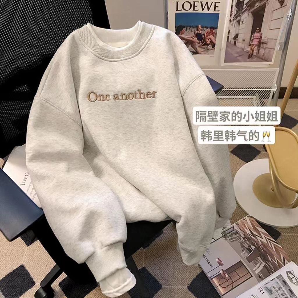 韓版簡約刺繡字母假兩件圓領衛衣女寬鬆休閒百搭加絨加厚套頭上衣