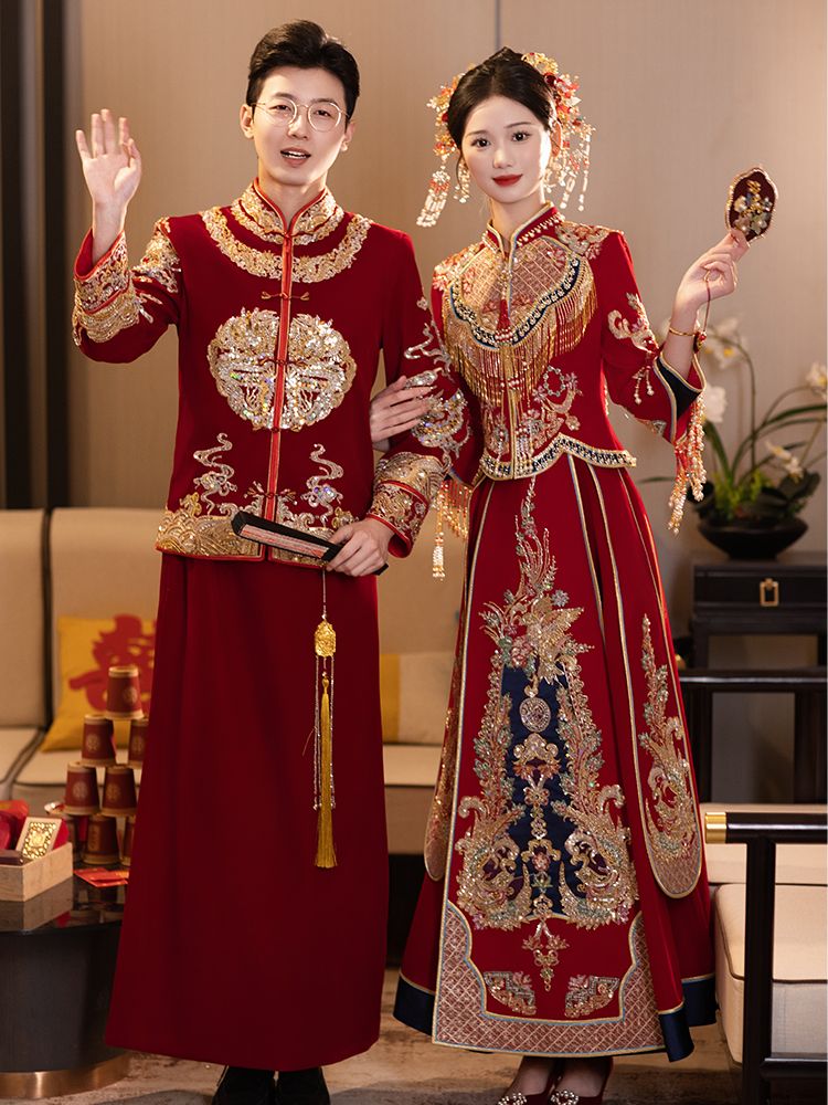 中式秀禾服新娘冬季加厚丝绒款结婚礼服高级奢华重工小个子龙凤褂
